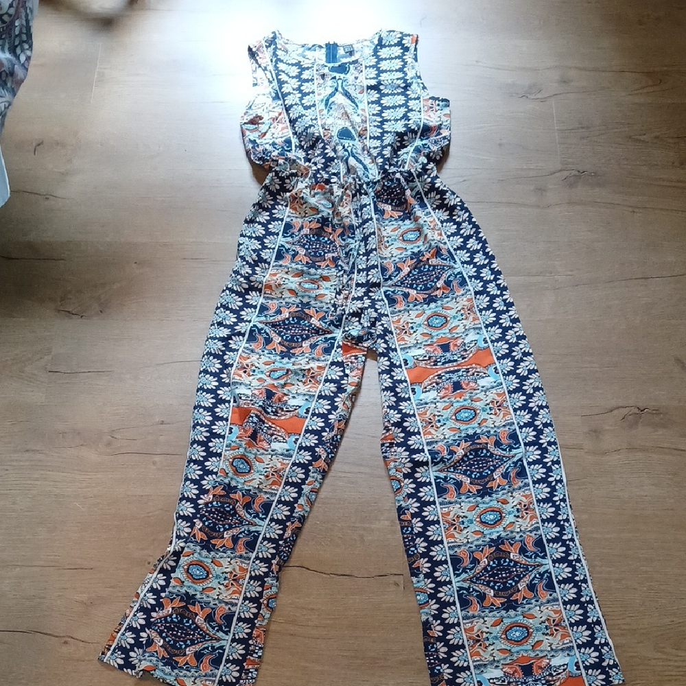 Women's Blue and Orange Patterned Jumpsuit